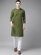 Men Green & Gold Stripe Printed Straight Kurta With Pajama