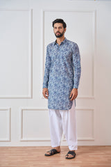 Riwaat.com Men Blue Regular Pure Cotton Pathani Kurta Riwaat Floral Pathani