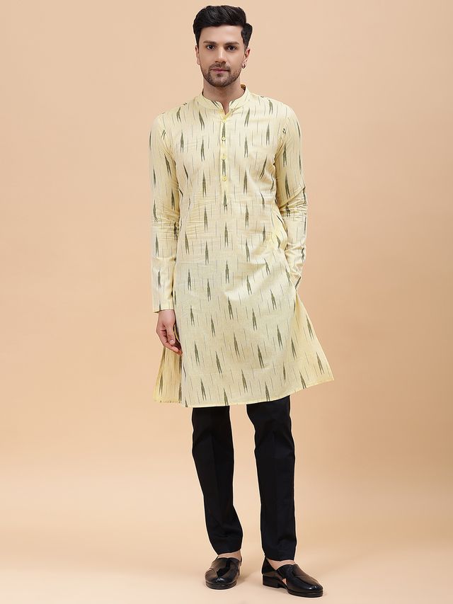 Men Cream & Green Pure Cotton Printed Straight Kurta With pyjama