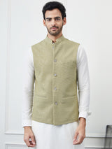 Men Khaki Color Woven Design Embroidery With Sequence Cotton Nehru Jacket