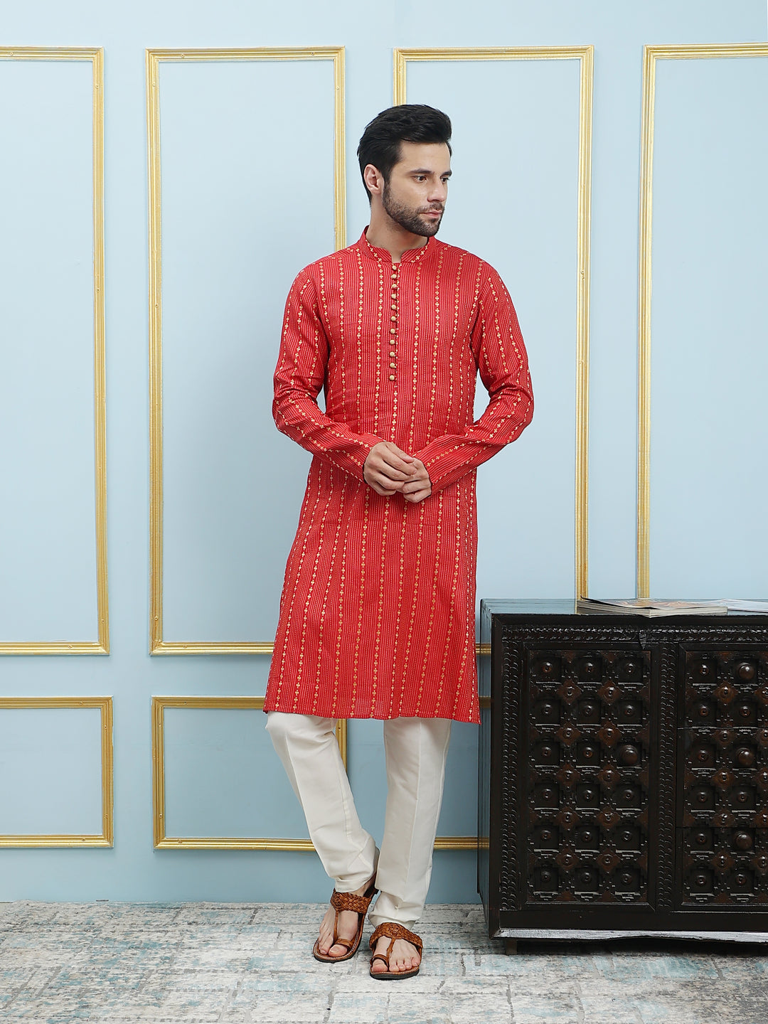 Riwaat.com Men Red & Gold Thread Work Cotton Silk Kurta Riwaat Embroidered