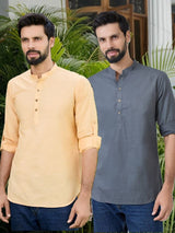 Men Pack Of 2 Peach & Grey Cotton Solid Short Kurta