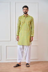 Riwaat.com Men Lime Green Regular Pure Cotton Pathani Kurta Riwaat Floral Mehendi Pathani