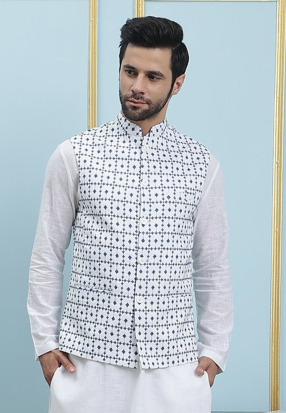 Men White And Teal Azure Mosaic Woven Design Chikankari Embroidery Cotton Nehru Jacket