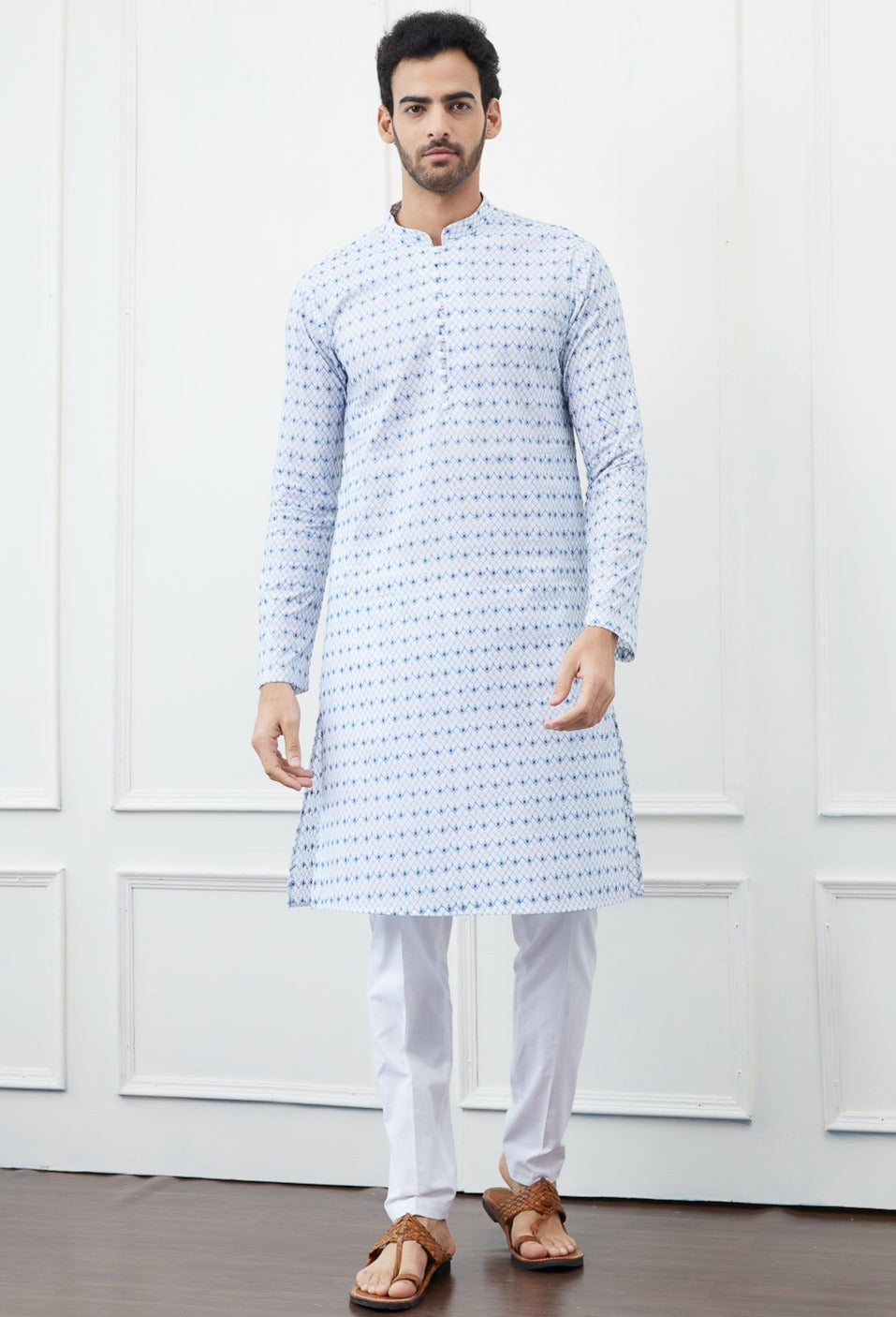 Men White And Blue Chikankari Embroidery Cotton Kurta