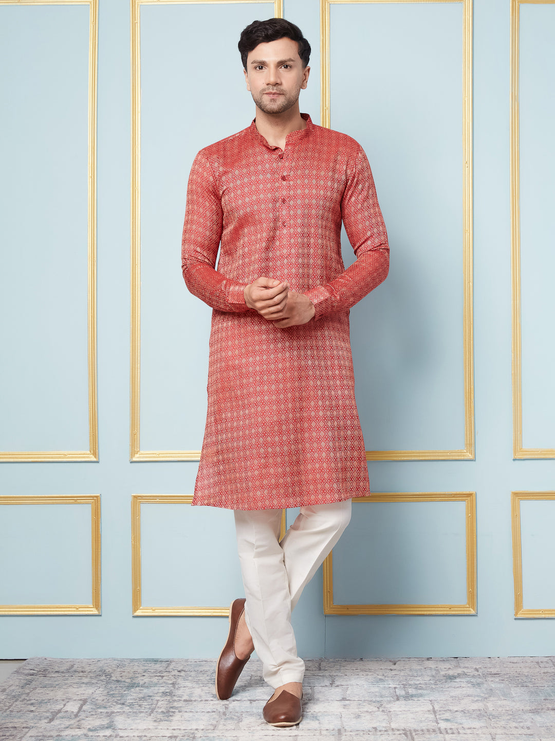 Men Red & Gold Woven Design Thread Work Kurta With Pajama