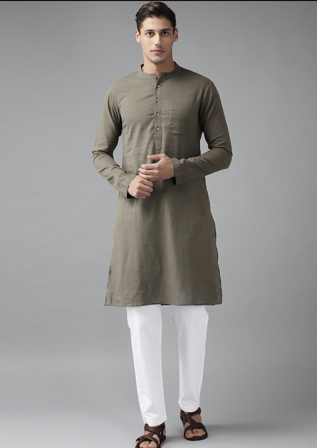 Men Khaki Cotton Straight Kurta with Slub Effect With Pajama