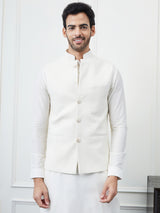 Men Off White Color Woven Design Embroidery With Sequence Cotton Nehru Jacket