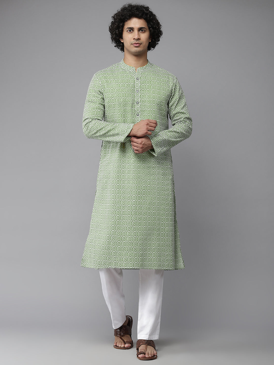 Men Green-Coloured & White Printed Pure Cotton Straight Kurta