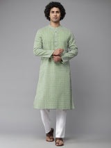 Men Green-Coloured & White Printed Pure Cotton Straight Kurta