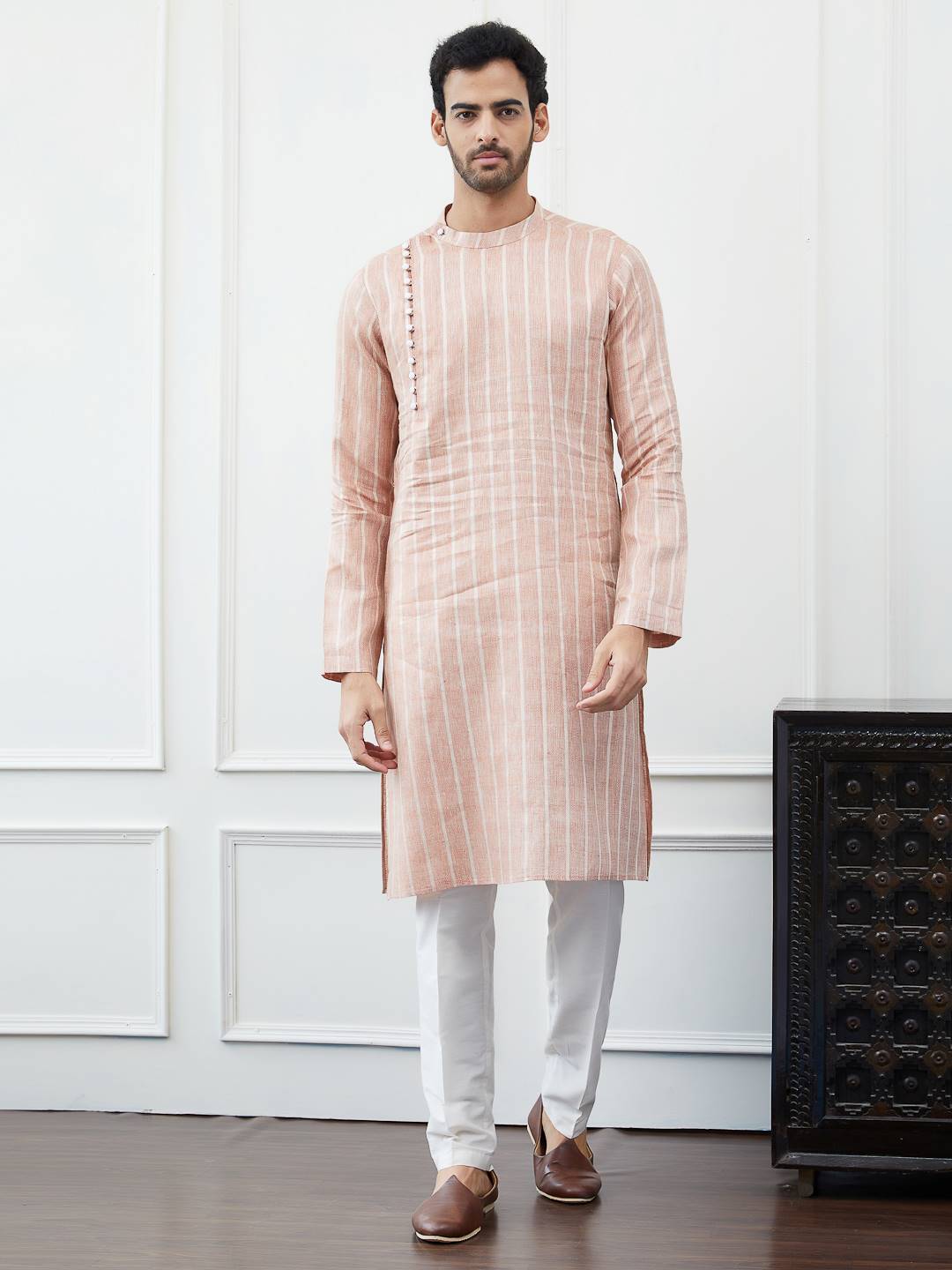 Men Peach with White Stripes Thread Work Cotton Kurta Set