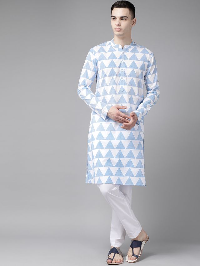 Men White & Blue Stripe Printed Straight Kurta With Pyjama