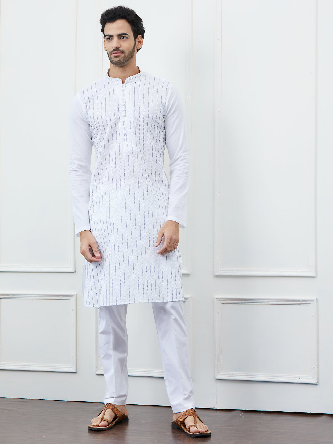 Men White Kurta with Navy Blue Stripes and Pajama