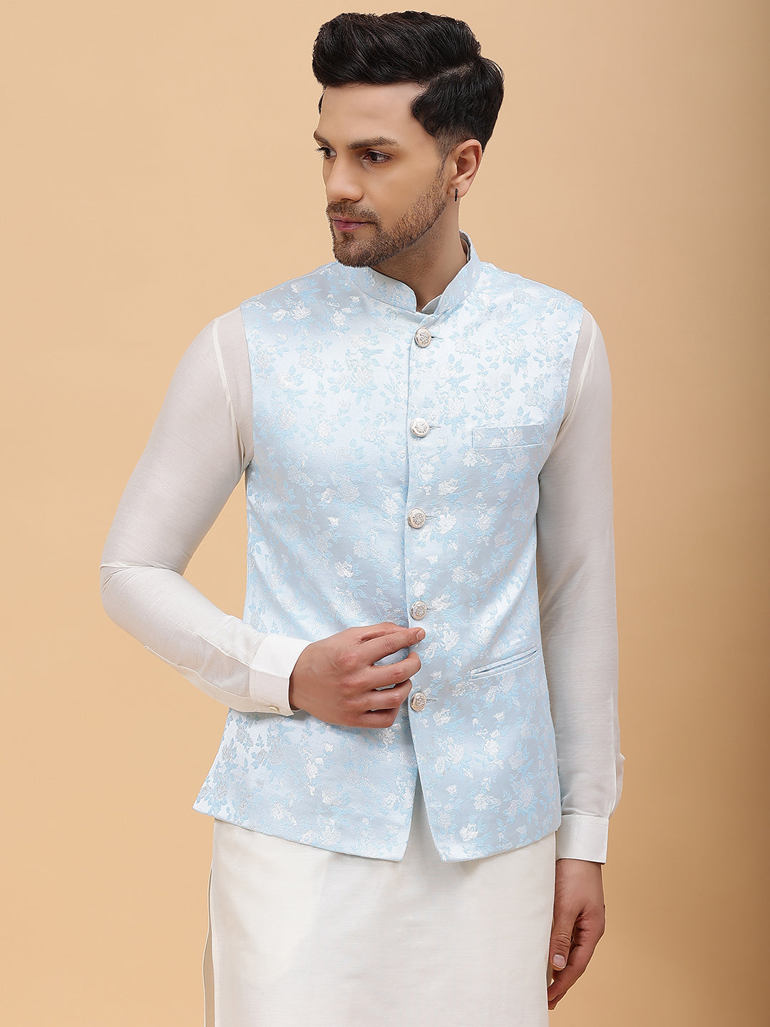 Men Turquoise Blue & Gold Woven Design Jacquard Nehru Jacket