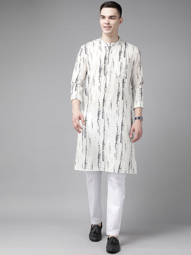 Men White Multi Tie and dye Print Design Straight Kurta With Pyjama