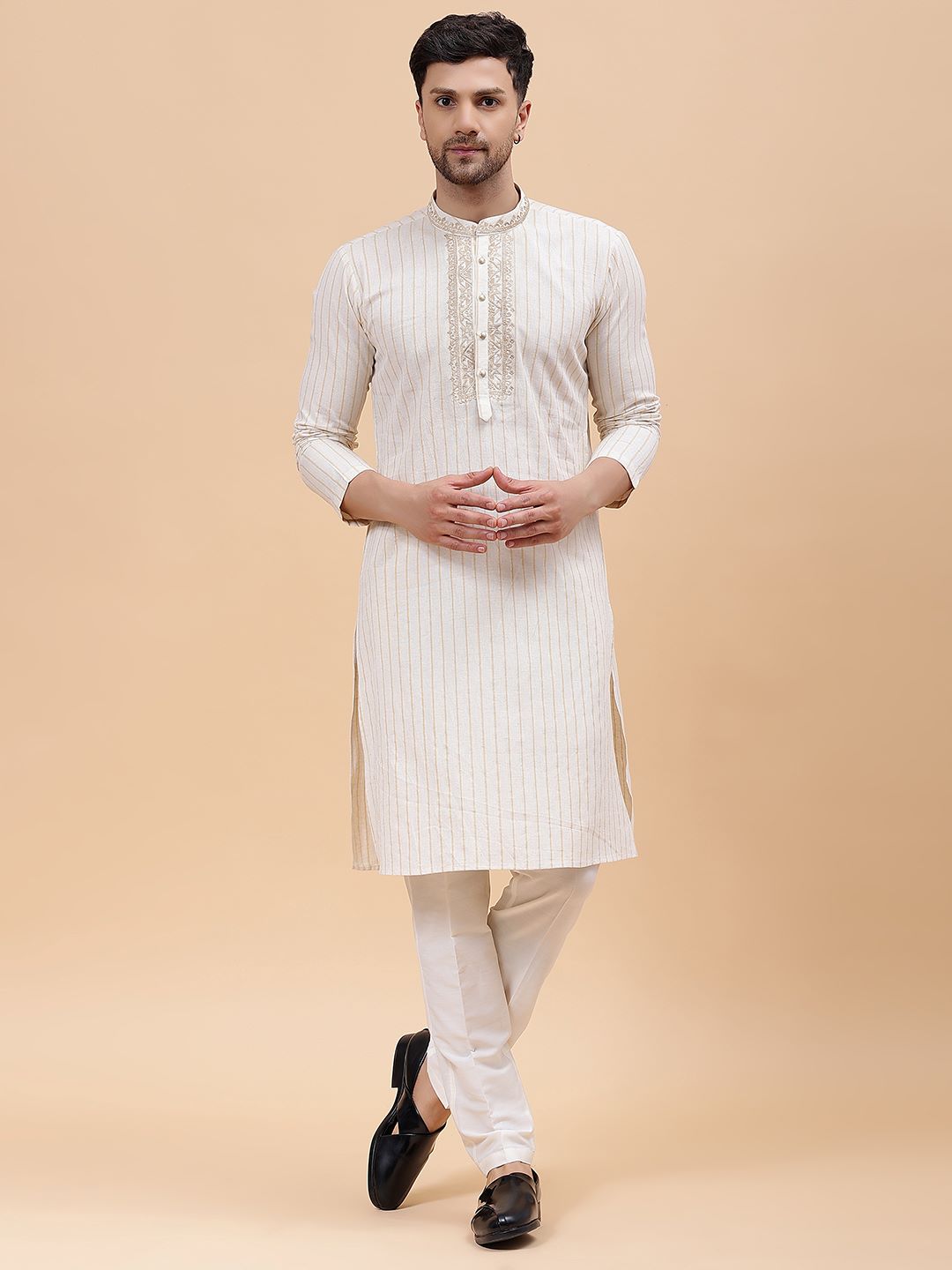 Men Beige & Gold Silk Woven Design Straight Kurta