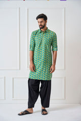Men Green Regular Pure Cotton Pathani Kurta With Black Salwar