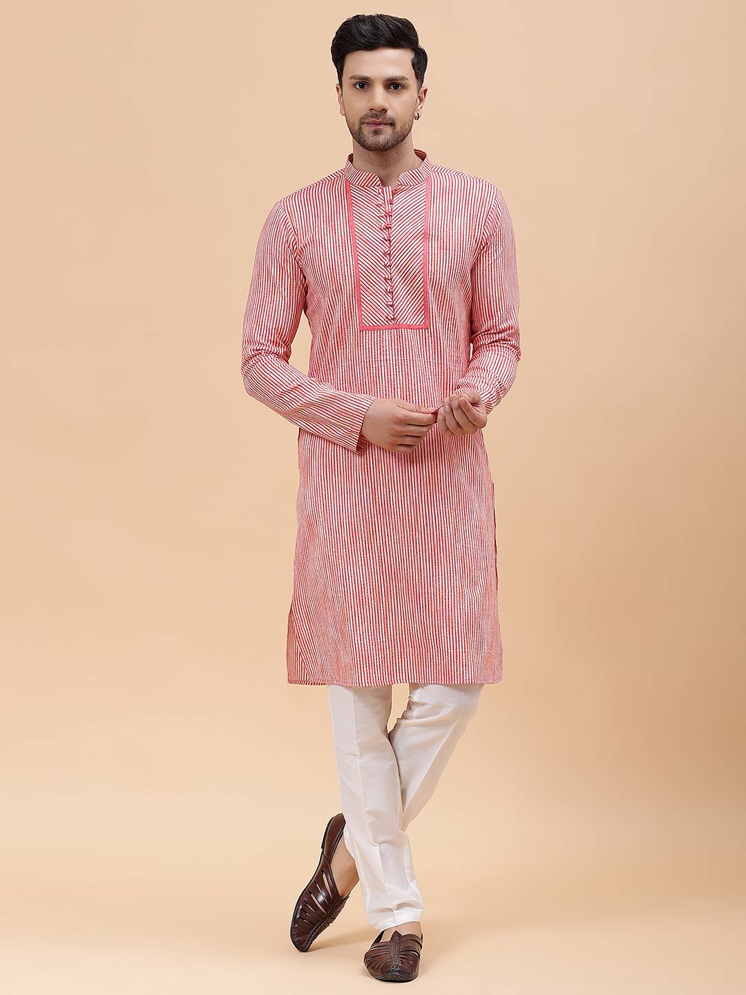 Men Pink Stripe Pure Cotton Printed Straight Kurta