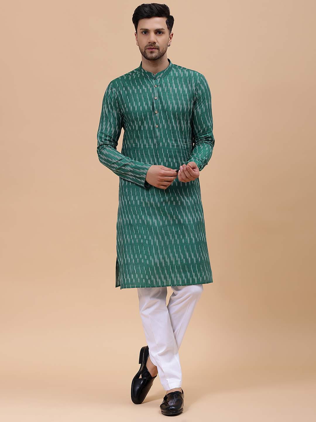 Men Green & White Pure Cotton Printed Straight Kurta