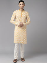 Men White & Mustard Pure Cotton Embroidered Straight Kurta