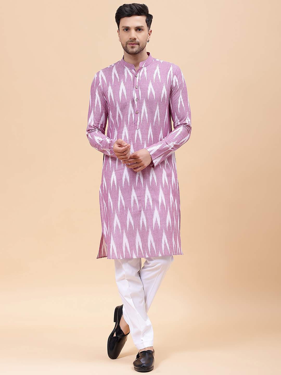 Men Lavender & White Pure Cotton Printed Straight Kurta With Pajama