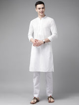 Men White Embroidered Chikankari Pure Cotton Straight Kurta With Pyjama