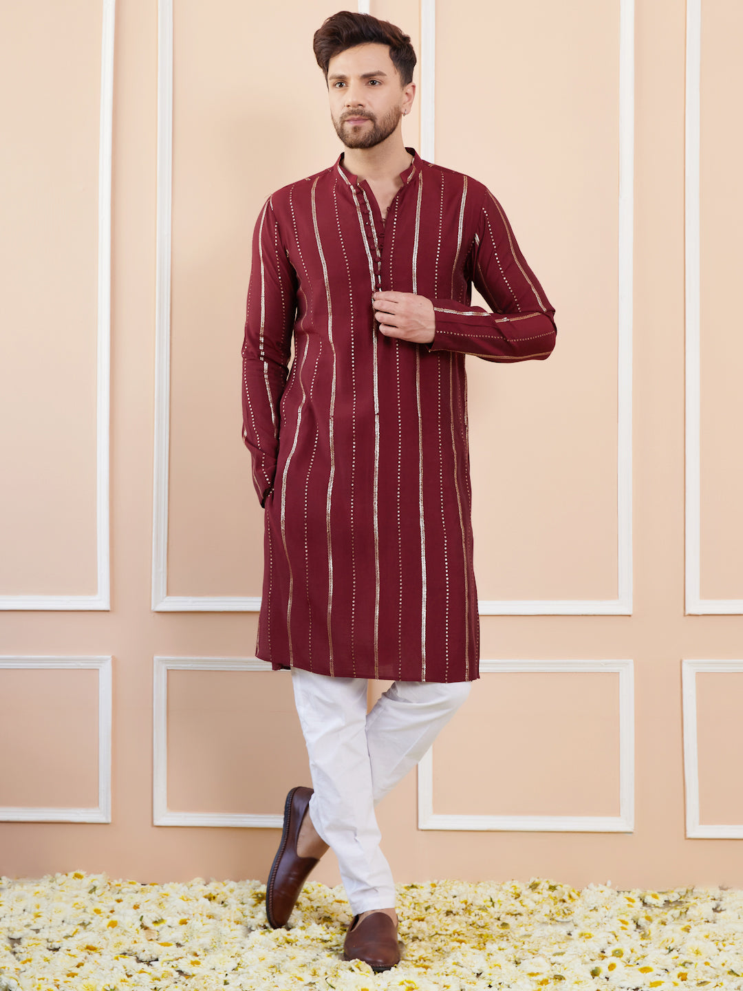 Men Burgundy And Gold Chanderi Silk Sequins Kurta