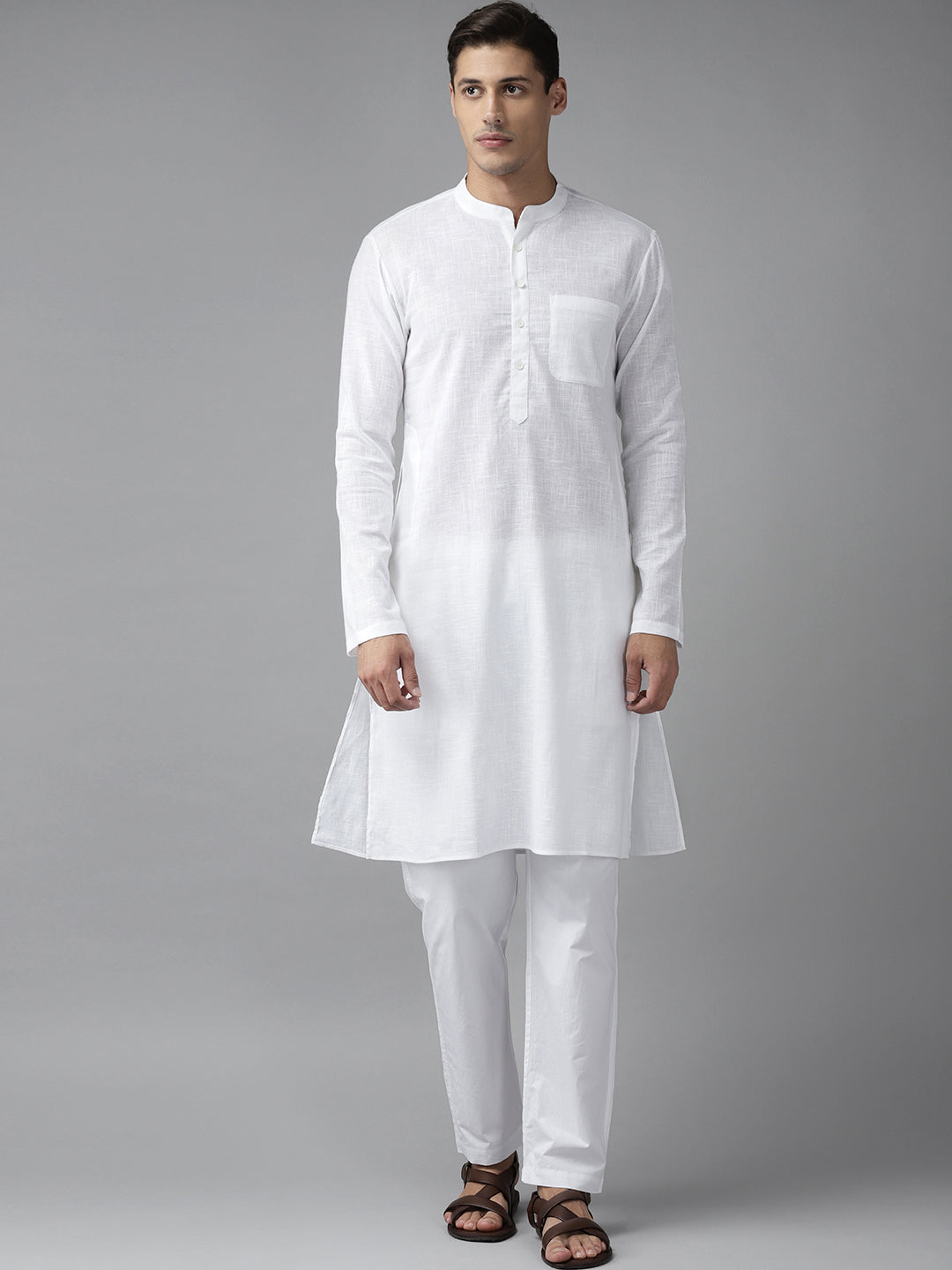 Men White Cotton Straight Kurta with Slub Effect With Pajama