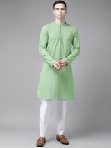 Men Green Pure Cotton Chikankari Embroidered Straight Kurta With Pyjama