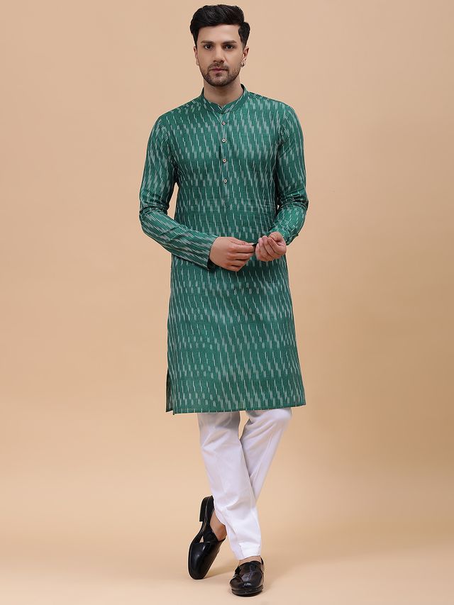 Men Green & White Pure Cotton Printed Straight Kurta With pyjama