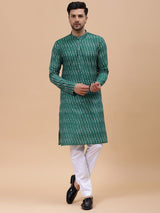 Men Green & White Pure Cotton Printed Straight Kurta With pyjama