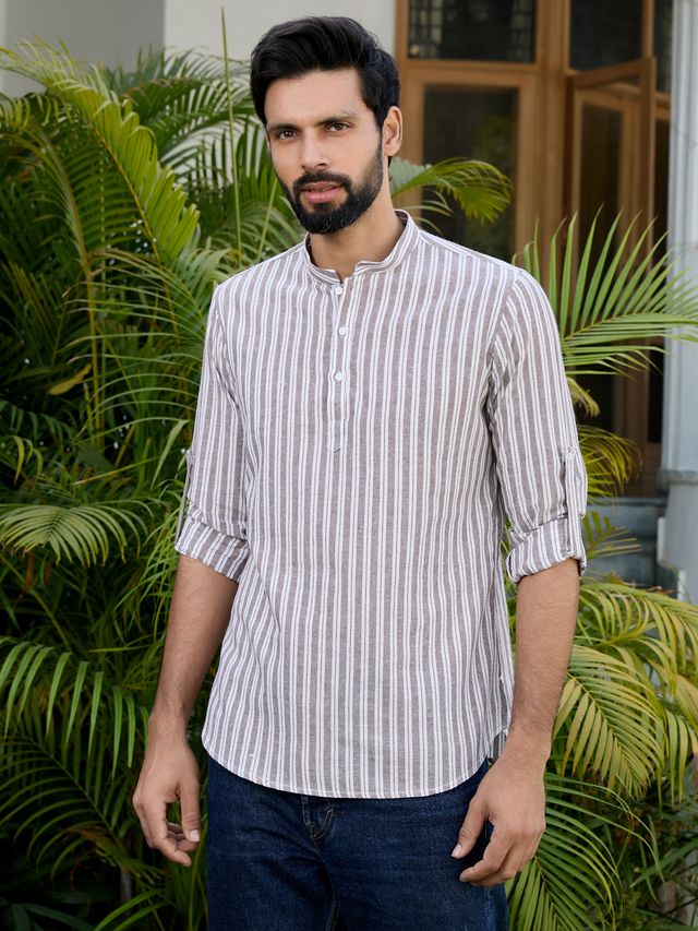 Brown Woven Striped Cotton Short Kurta