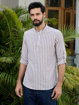 Brown Woven Striped Cotton Short Kurta