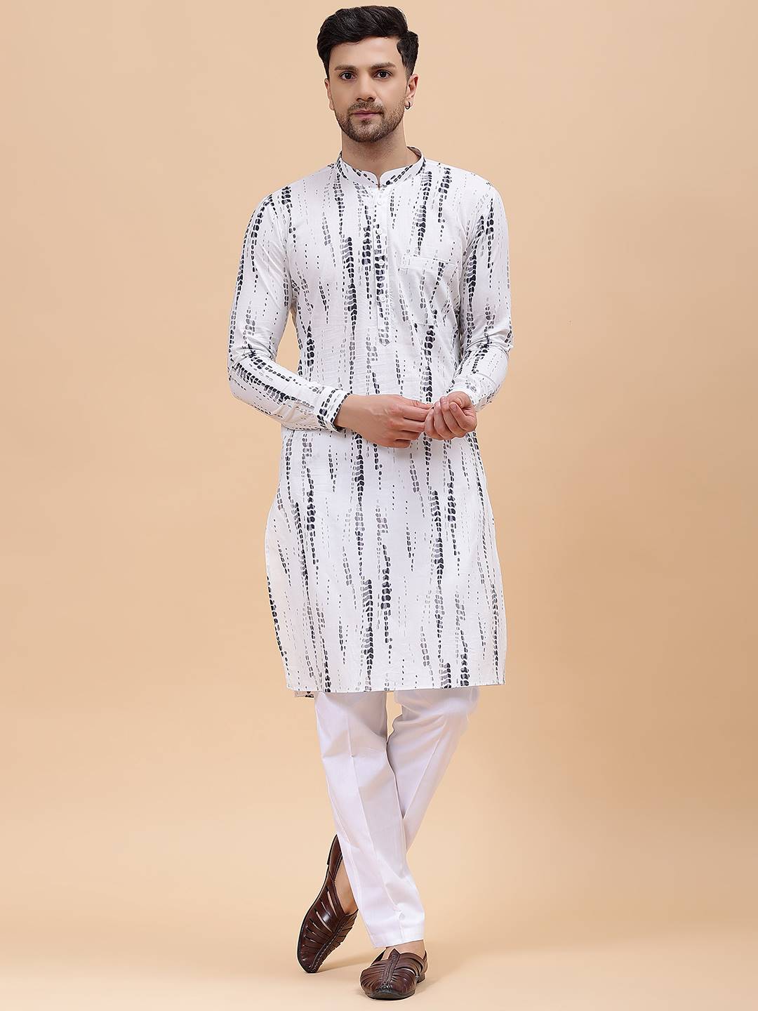 Men White & Grey Monochrome Pure Cotton Printed Straight Kurta