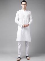 Men White Pure Cotton Chikankari Embroidered Straight Kurta With Pyjama
