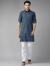 Men Indigo Regular Pure Cotton Pathani Printed Men's Kurta