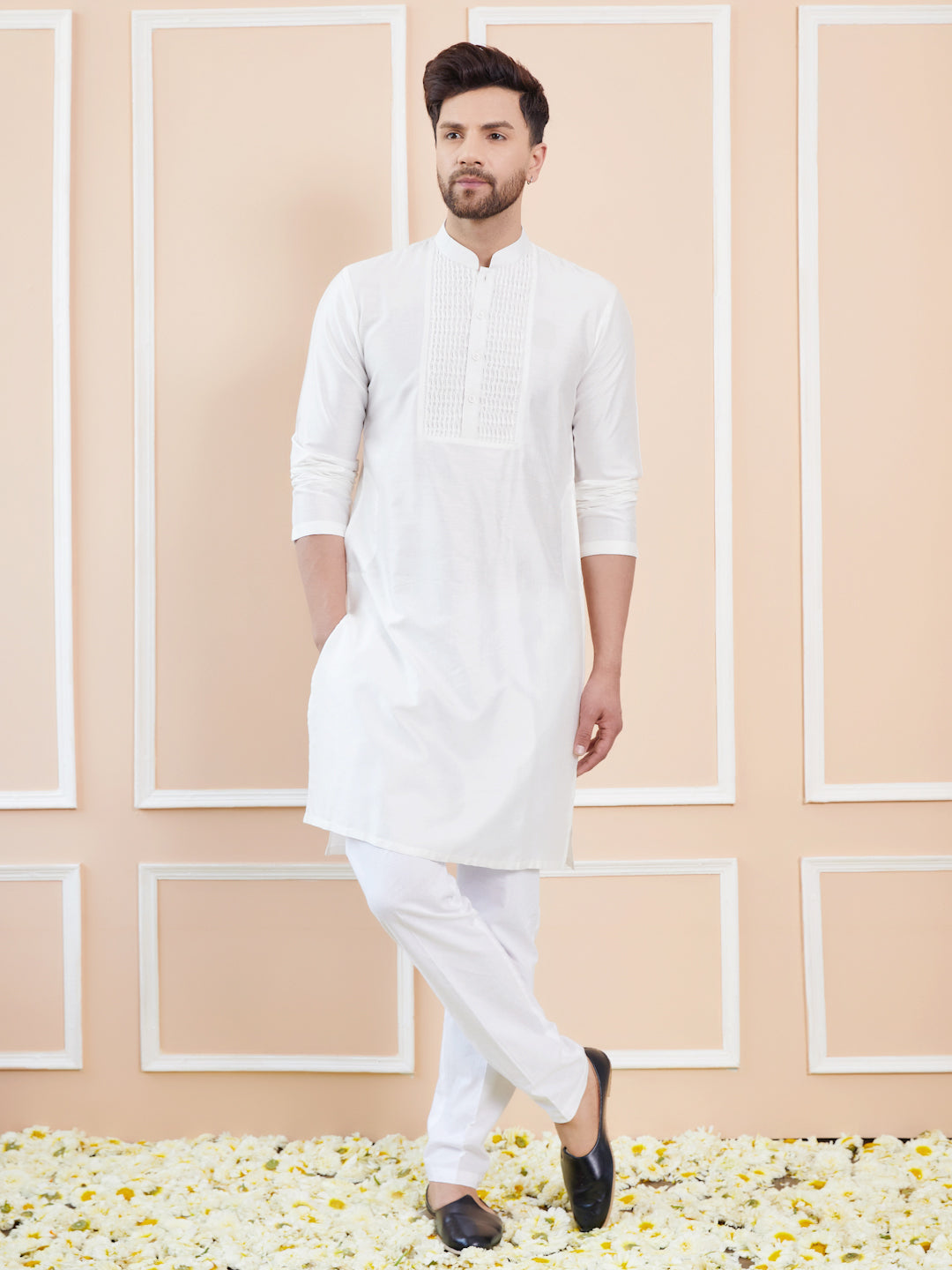 Off White Cotton Solid Straight Kurta with Pintuck Yoke Neck