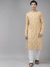 Men Yellow Self Printed Pure Cotton Straight Kurta With Pajama