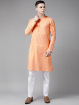 Men Peach Pure Cotton Chikankari Embroidered Straight Kurta With Pyjama