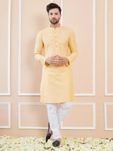 Men Beige Cotton Solid Straight Kurta With Pyjama