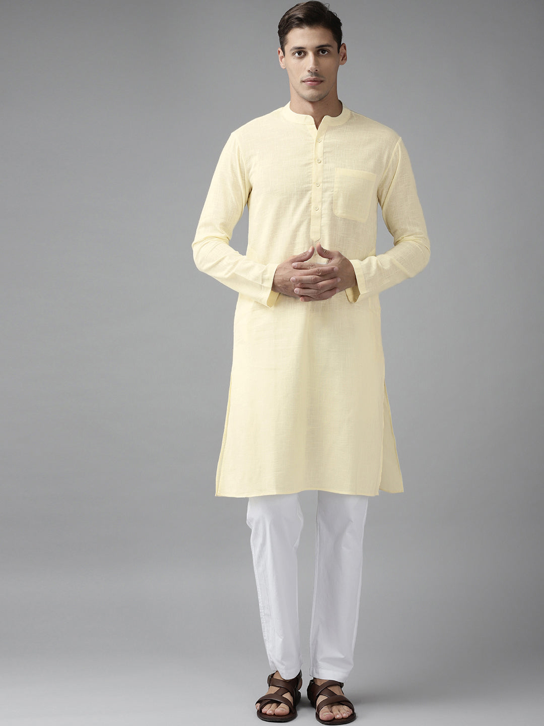 Men Cream Cotton Straight Kurta with Slub Effect With Pajama