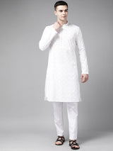 Men White Pure Cotton Chikankari Embroidered Straight Kurta With Pyjama