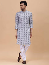 Men Off White & Blue Pure Cotton Embroidered Straight Kurta