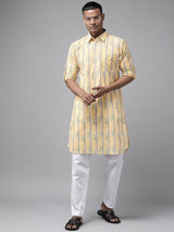 Yellow Regular Pure Cotton Pathani Printed Men's Kurta