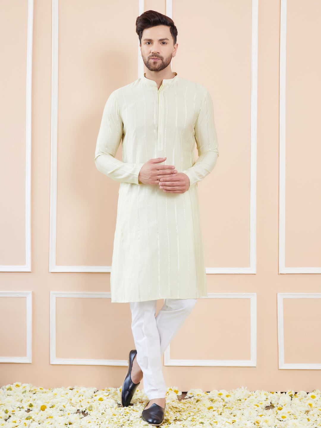 Men Cream with Subtle Golden Stripes Chanderi Silk Sequins Kurta With Pajama