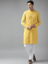 Men Yellow Cotton Straight Kurta with Slub Effect