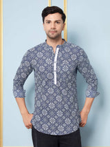 Men Blue & White Hexa Floral Printed Cotton Short Kurta