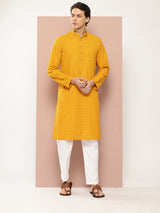 Men Mustard Embroidered Sequin Rayon Kurta