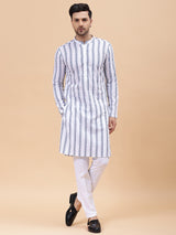Men White & Blue Pure Cotton Embroidered Straight Kurta With pyjama