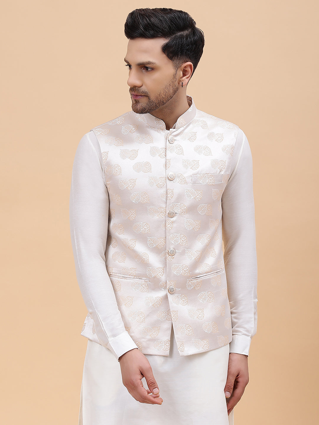 Men Off White Kurta Pajama & Elegant Woven Floral Pattern Jacquard Nehru jacket